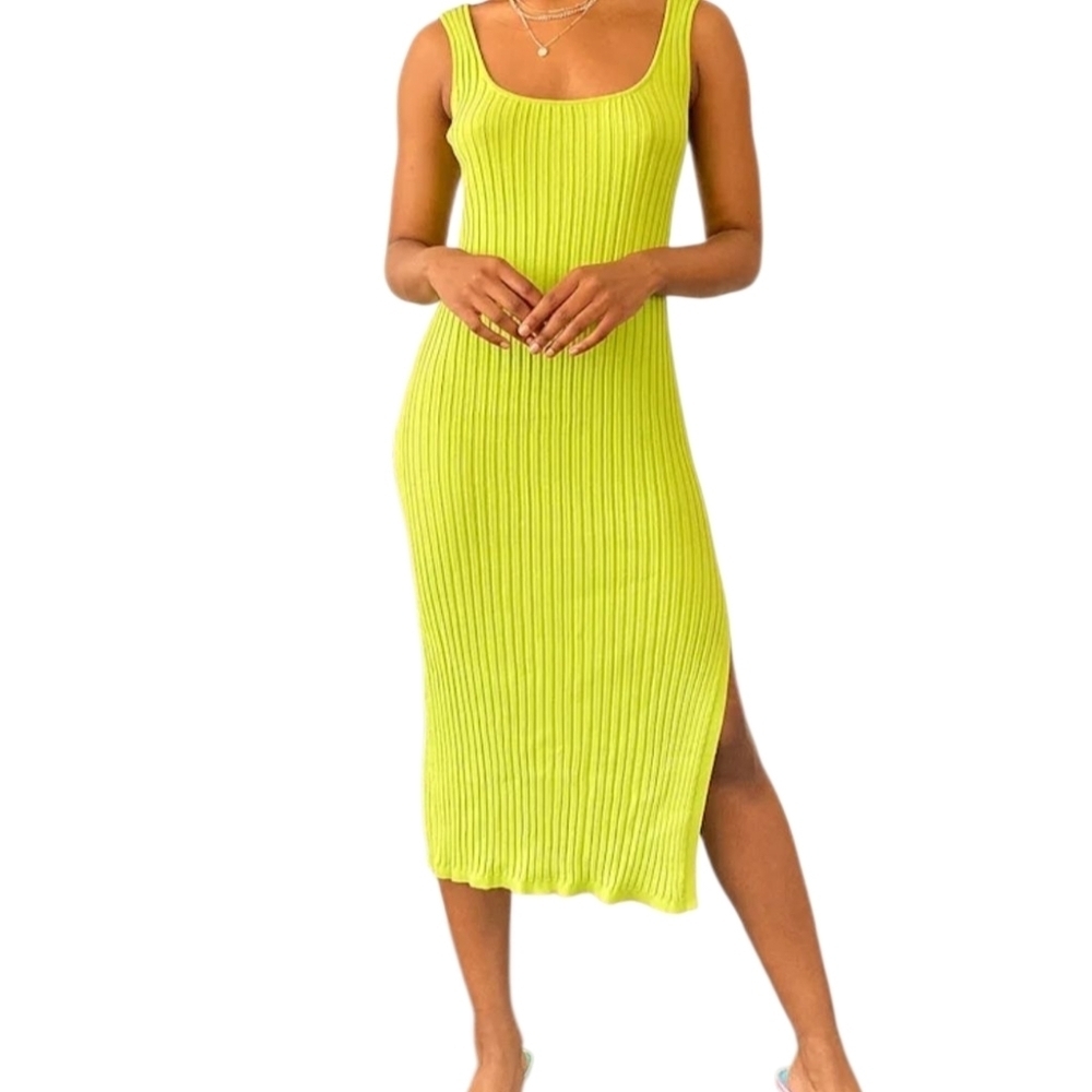 Women's NWT Line & Dot Olson Lime Green Ribbed Bodycon Midi Dress Slinky Large L